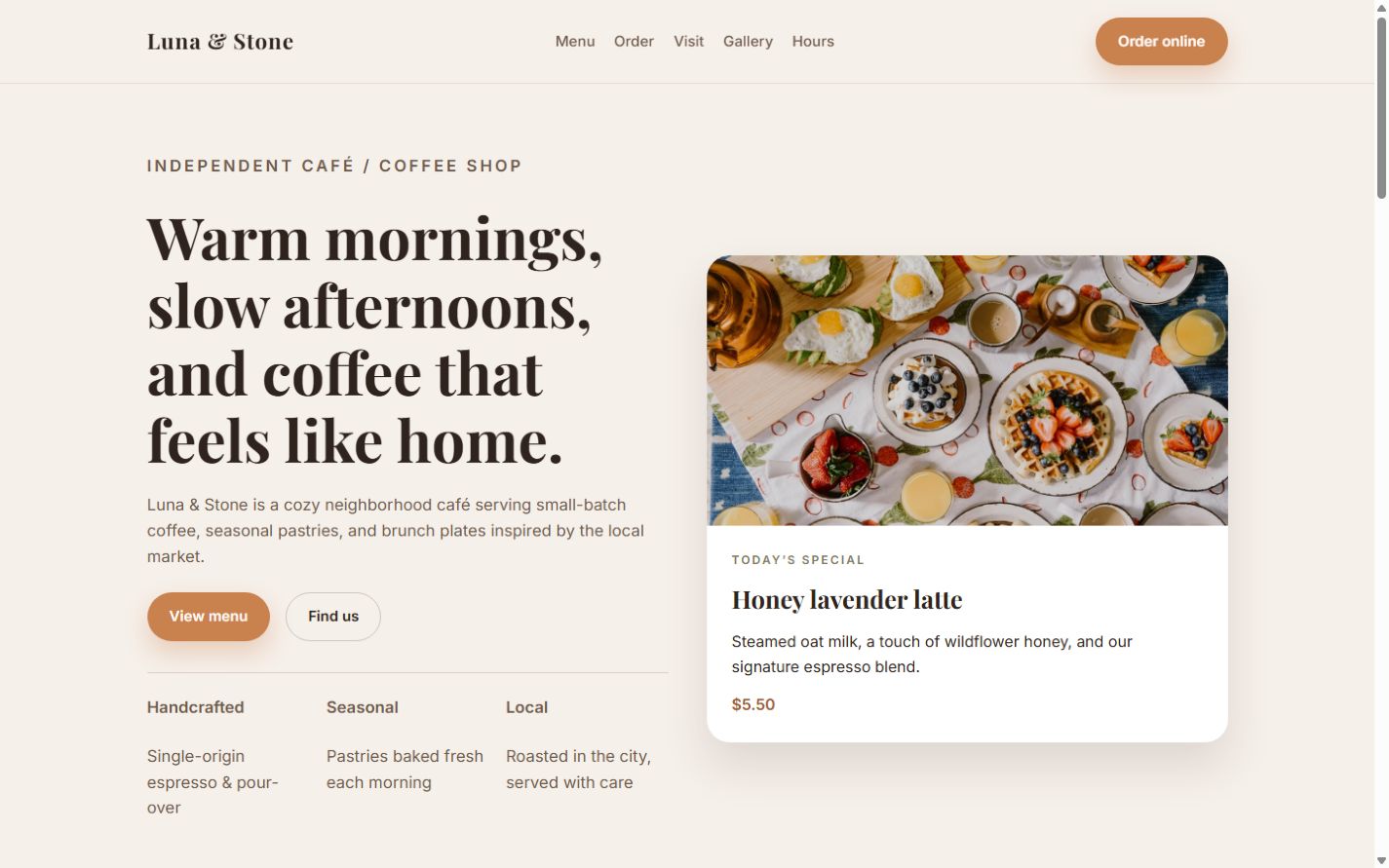 Luna & Stone Café desktop homepage