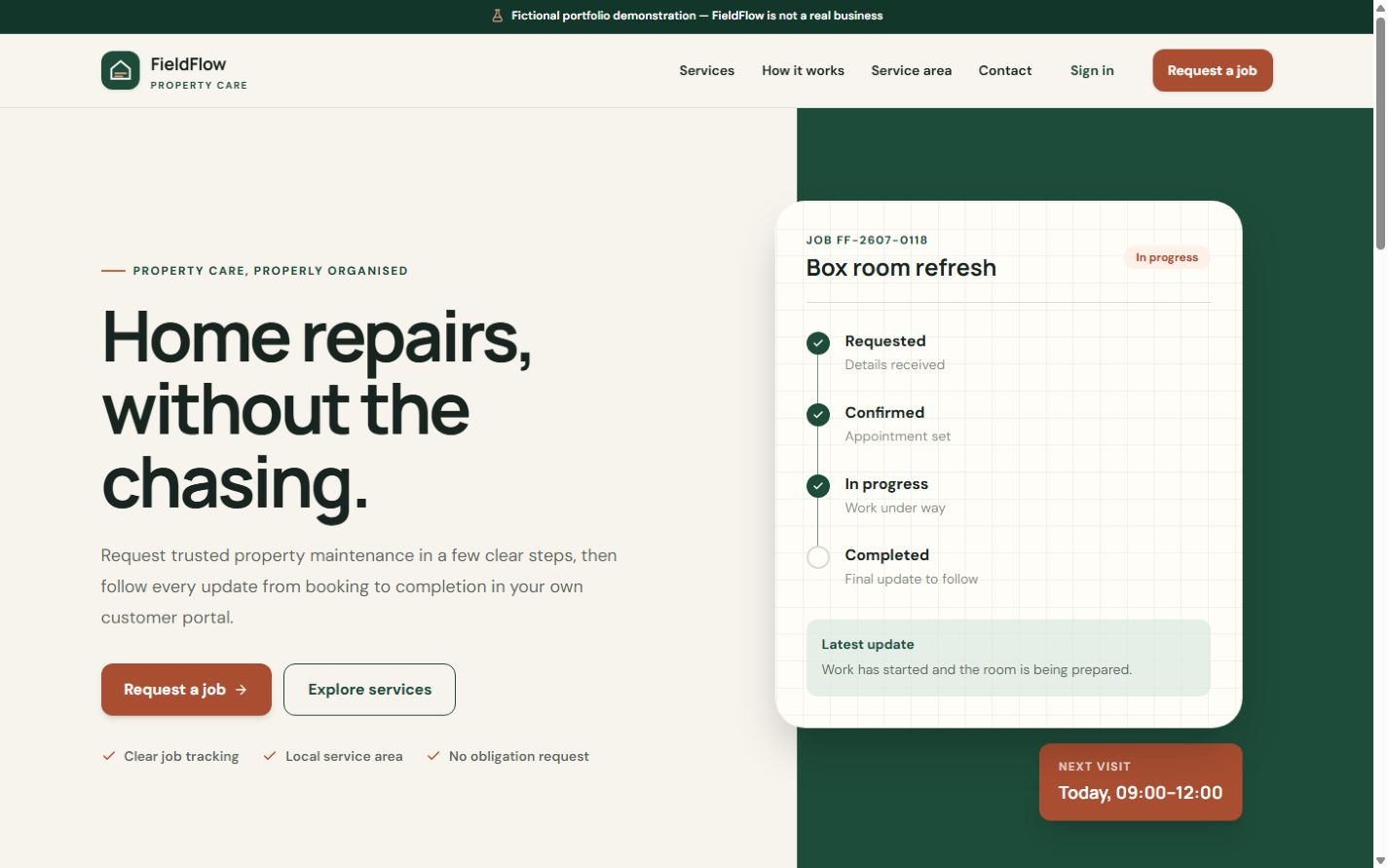 FieldFlow Property Care desktop homepage