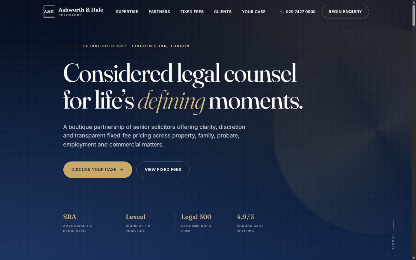 Ashworth & Hale Solicitors desktop homepage